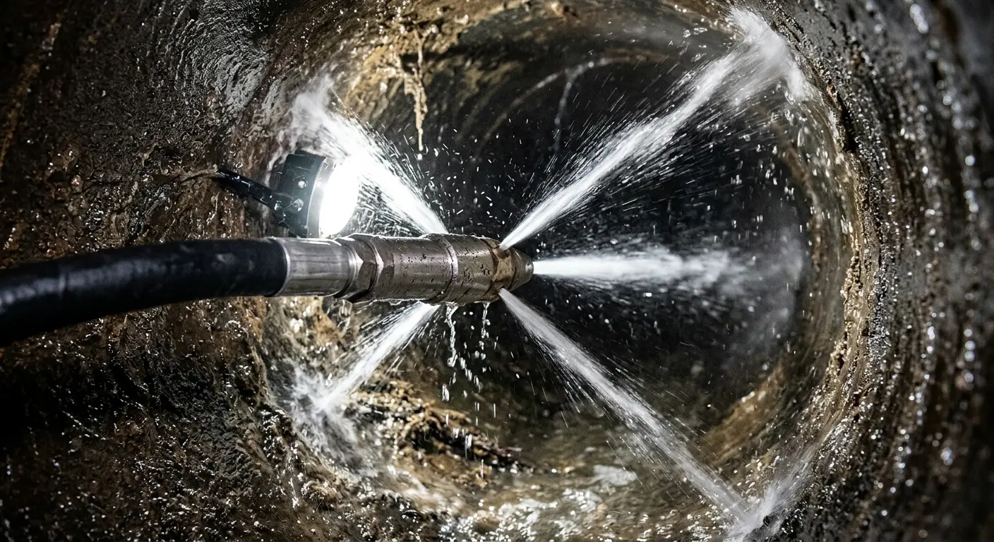 High-pressure hydro jetting nozzle cleaning sewer pipe for Trenchless Sewer Repair in Capitol View
