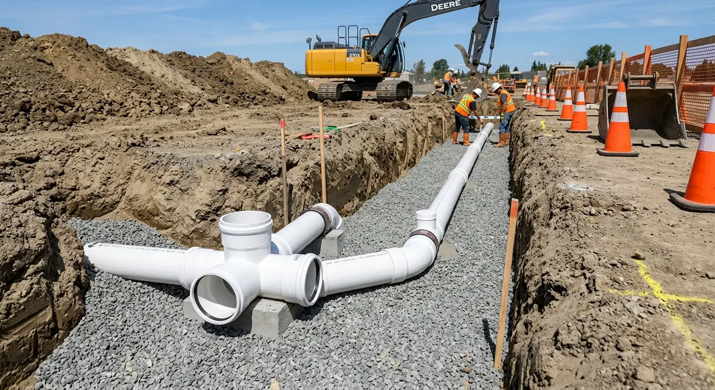 New PVC sewer pipe installation in open trench for Sewer Backup in Capitol View