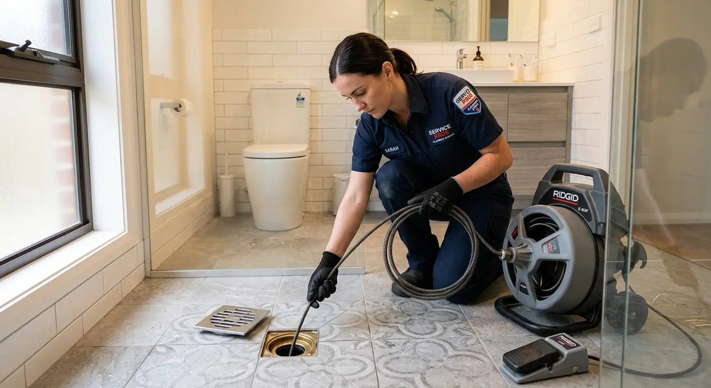 Technician clearing a bathroom floor drain for Sewer Line Replacement in Capitol View
